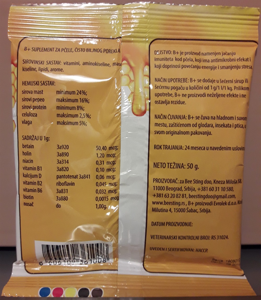 B+, a honey bee supplement, packaging, back side. 